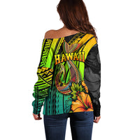 Hawaii Off Shoulder Sweater Polynesian Fish Hook and Hibiscus Flowers with Gradient Pattern TS04 - Polynesian Pride