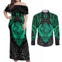 Polynesian Couples Matching Off Shoulder Maxi Dress and Long Sleeve Button Shirts Abstract Tiki TS04 Black Yellow - Polynesian Pride