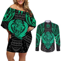 Polynesian Couples Matching Off Shoulder Short Dress and Long Sleeve Button Shirts Abstract Tiki TS04 Black Yellow - Polynesian Pride