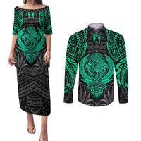 Polynesian Couples Matching Puletasi Dress and Long Sleeve Button Shirts Abstract Tiki TS04 Black Yellow - Polynesian Pride