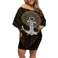 Polynesian Swordfish Off Shoulder Short Dress with Anchor Pattern and Tribal Turtle TS04 - Polynesian Pride