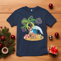Christmas In Hawaii T Shirt Palm Tree Firework Santa At Beach Drinking Coconut TS09 Navy - Polynesian Pride