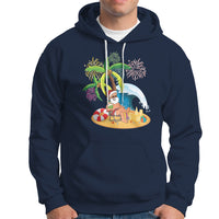Christmas In Hawaii Hoodie Palm Tree Firework Santa At Beach Drinking Coconut TS09 Navy - Polynesian Pride