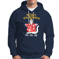 Christmas In Hawaii Hoodie Meowy Kalikimaka Hawaiian Cat Ho Ho Ho Xmas Tree TS09 Navy - Polynesian Pride