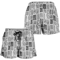 Vintage Aloha Block Quilt Shorts for Women Black Inspired Lei Motifs - Polynesian Pride