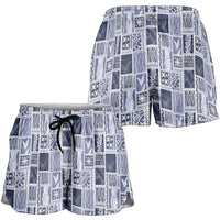 Vintage Aloha Block Quilt Shorts for Women Blue Inspired Lei Motifs - Polynesian Pride