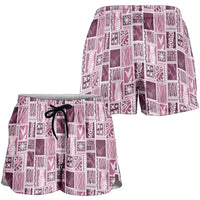 Vintage Aloha Block Quilt Shorts for Women Pink Inspired Lei Motifs - Polynesian Pride