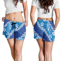 Vintage Blue Polynesia Shorts for Women Plumeria With Hibiscus Tropical Vibes LT14 - Polynesian Pride