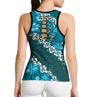 Vintage Dark Cyan Polynesia Hollow Tank Top Plumeria With Hibiscus Tropical Vibes LT14 - Polynesian Pride