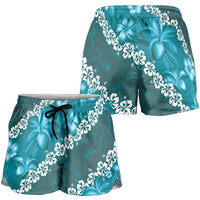 Vintage Dark Cyan Polynesia Shorts for Women Plumeria With Hibiscus Tropical Vibes LT14 - Polynesian Pride