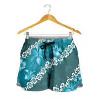 Vintage Dark Cyan Polynesia Shorts for Women Plumeria With Hibiscus Tropical Vibes LT14 - Polynesian Pride