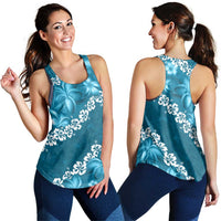Vintage Dark Cyan Polynesia Women Racerback Tank Plumeria With Hibiscus Tropical Vibes - Polynesian Pride