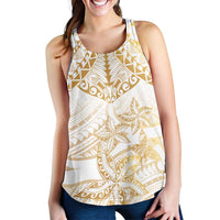 White and Gold Polynesia Women Racerback Tank Plumeria Tattoo With Polynesian Pattern - Polynesian Pride