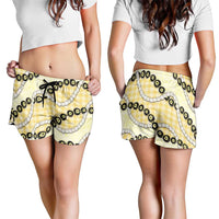 Yellow Palaka Hawaii Shorts for Women Kukui Nut Pikake Lei Hawaiian Tapa Pattern LT14 - Polynesian Pride