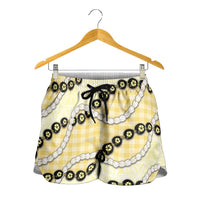 Yellow Palaka Hawaii Shorts for Women Kukui Nut Pikake Lei Hawaiian Tapa Pattern LT14 - Polynesian Pride