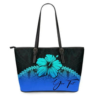 (Custom Personalised) Polynesian Leather Tote Bag Hibiscus Personal Signature Blue - Polynesian Pride