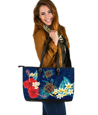 Hawaii Turtle Hibiscus Polynesian Large Tote Bag - Blue - Edna Style - AH Blue - Polynesian Pride