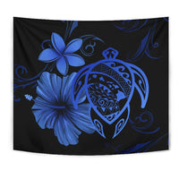 Hawaii Turtle Map Hibiscus Plumeria Poly Tapestry - Blue - Polynesian Pride