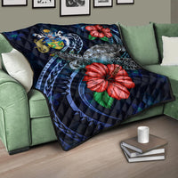 Solomon Islands Polynesian Premium Quilt - Blue Turtle Hibiscus - Polynesian Pride