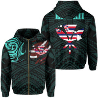 Hawaiian Kanaka Hoodie (Zipper) Heart Tattoo Turquoise Unisex White - Polynesian Pride