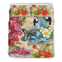Hawaiian Toucan Flomingo Hummingbirds Hibiscus Plumeria Forest Music Polynesian Bedding Set Black - Polynesian Pride