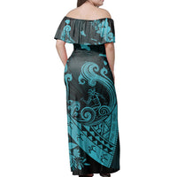 Polynesian Pride Dress - Hawaiian Fish Hook Hibiscus Banzai Surfing Polynesian Blue Off Shoulder Long Dress - Polynesian Pride