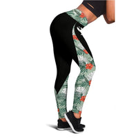 Hawaii Tropical Palm And Hibiscus Red Leggings White - Polynesian Pride