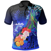 Tahiti Polo Shirt Humpback Whale with Tropical Flowers (Blue) Unisex Blue - Polynesian Pride