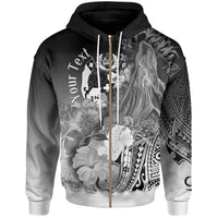 Tonga Custom Zip up Hoodie Humpback Whale with Tropical Flowers (White) Unisex White - Polynesian Pride