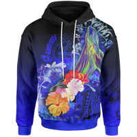 Guam Hoodie Humpback Whale with Tropical Flowers (Blue) Unisex Blue - Polynesian Pride