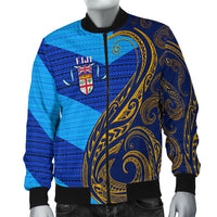 Fiji Bomber Jacket - Flag's Color With Gold Polynesian Pattern - LT20 Blue Unisex - Polynesian Pride