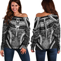Polynesian Women Off Shoulder - Guam Symbols With Poly Patterns Blue - Polynesian Pride