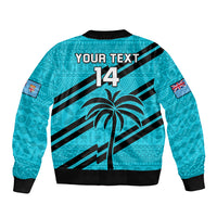 (Custom Text And Number) Fiji Rugby Tapa Pattern Fijian 7s Cyan Bomber Jacket LT14 - Polynesian Pride