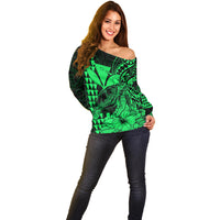 (Custom Personalised) Kakau Polynesian Tribal Hawaiian Turtle with Kanaka Maoli Green Off Shoulder Sweater LT9 - Polynesian Pride