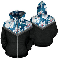 Hawaii Vintage Pattern Zip up Hoodie Youth Blue Hibiscus Unisex Black - Polynesian Pride