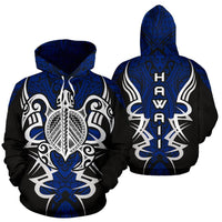 Hawaii Turtle Tribal Blue Hoodie Armor Style Unisex White - Polynesian Pride