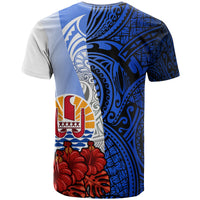 Tahiti Polynesian T Shirt Coat of Arm With Hibiscus Blue - Polynesian Pride
