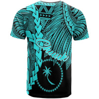 Chuuk Micronesia T Shirt Tribal Wave Tattoo Neon Blue - Polynesian Pride