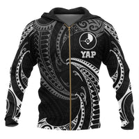 Yap Micronesia All Over Zip up Hoodie White Tribal Wave Unisex Black - Polynesian Pride