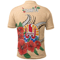 Tahiti Polynesian Polo Shirt Hibiscus Coat of Arm Beige - Polynesian Pride