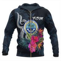 Federated States of Micronesia Zip up Hoodie Tropical Flowers Unisex Blue - Polynesian Pride