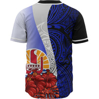 Tahiti Polynesian Baseball Shirt - Coat Of Arm With Hibiscus Blue - Polynesian Pride
