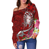 Fiji Women's Off Shoulder Sweater - Turtle Plumeria (Red) - Polynesian Pride