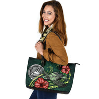 American Samoa Polynesian Leather Tote Bag - Green Turtle Hibiscus - Polynesian Pride