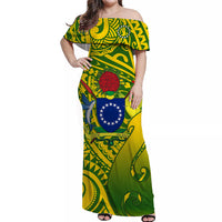 Cook Islands Off Shoulder Long Dress Matau Polynesian Simple Green Fish Hook LT13 Long Dress Green - Polynesian Pride