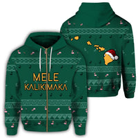 Hawaiian Map Polynesian Mele Kalikimaka Flamingo Christmas Hoodie Zip Unisex Green - Polynesian Pride