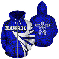 Hawaii Turtle Polynesian Zip up Hoodie Blue Warrior Style Unisex Blue - Polynesian Pride