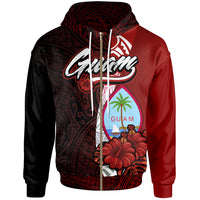 Guam Polynesian Zip up Hoodie Coat of Arm With Hibiscus Unisex Red - Polynesian Pride