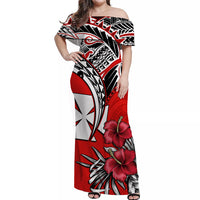 Wallis et Futuna Off Shoulder Long Dress Polynesian Pattern and Hibiscus Flowers Version Red LT13 Long Dress Red - Polynesian Pride
