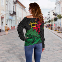 Vanuatu Espiritu Santo Women Off Shoulder Sweater - Kava With Hibiscus - LT12 - Polynesian Pride